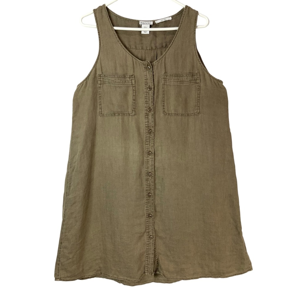 Nicole Miller Olive Tan Linen Dress L Button Scoop Neck Sleeveless Pocket Detail